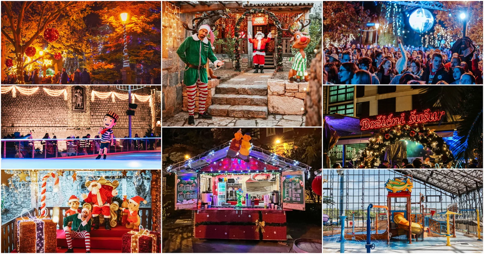 Collage of Christmas festival scenes: illuminated trees, Santa's house with elf and reindeer, crowd at a concert, ice skating rink, Santa with elves, a festive market kiosk, a lit "Božićni šušur" arch, and an indoor water park