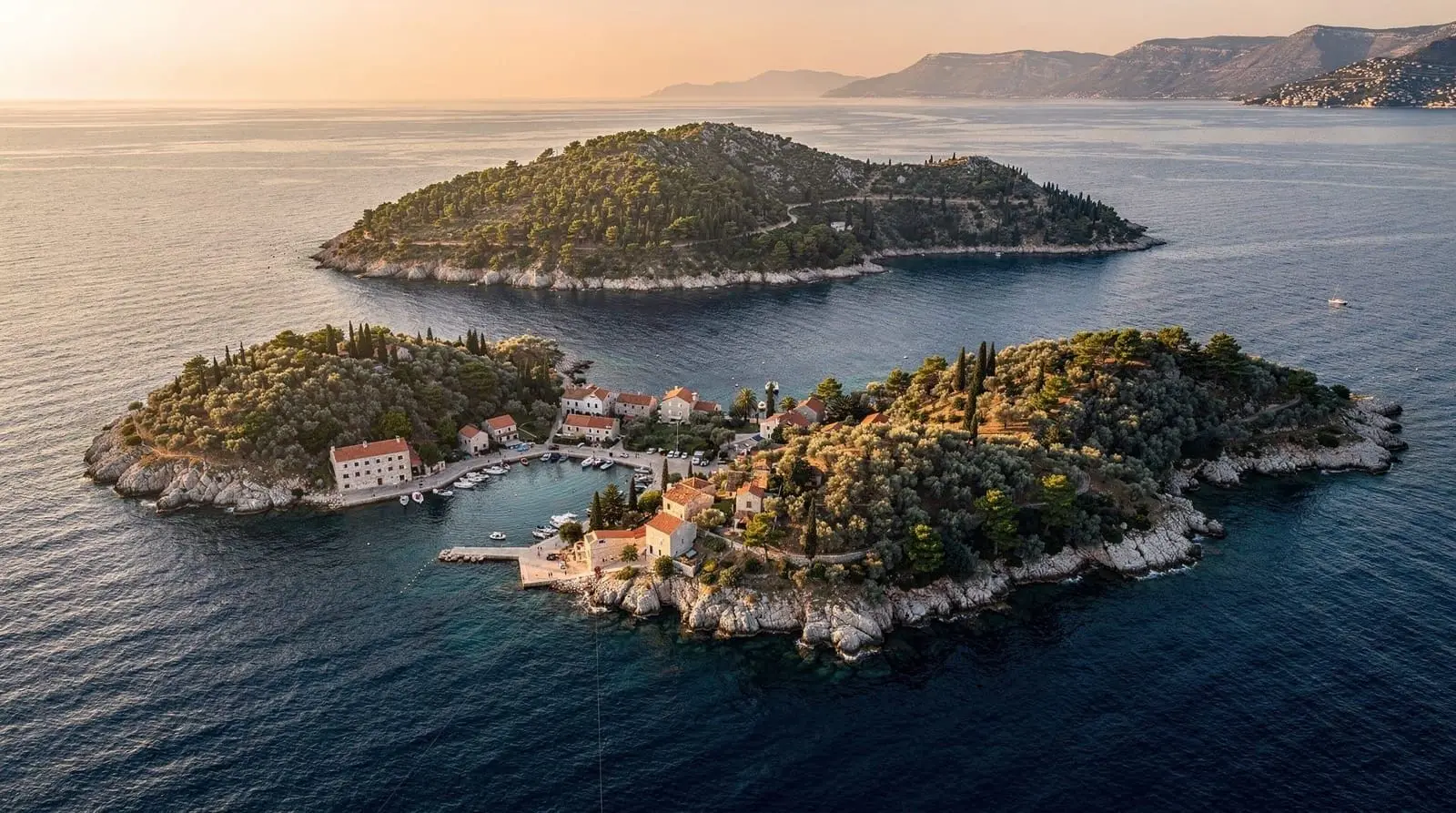 Aerial view of a small island with a cove village of red-roofed houses, surrounded by sea with a larger wooded island and mountainous coastline in the background