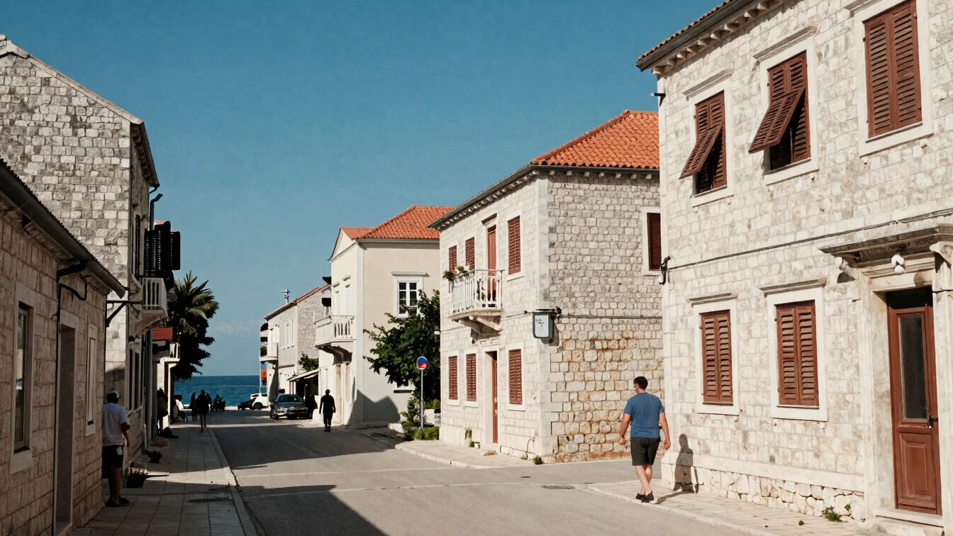 Stone-walled coastal street lined with shuttered buildings leading toward the sea, pedestrians walking along the road