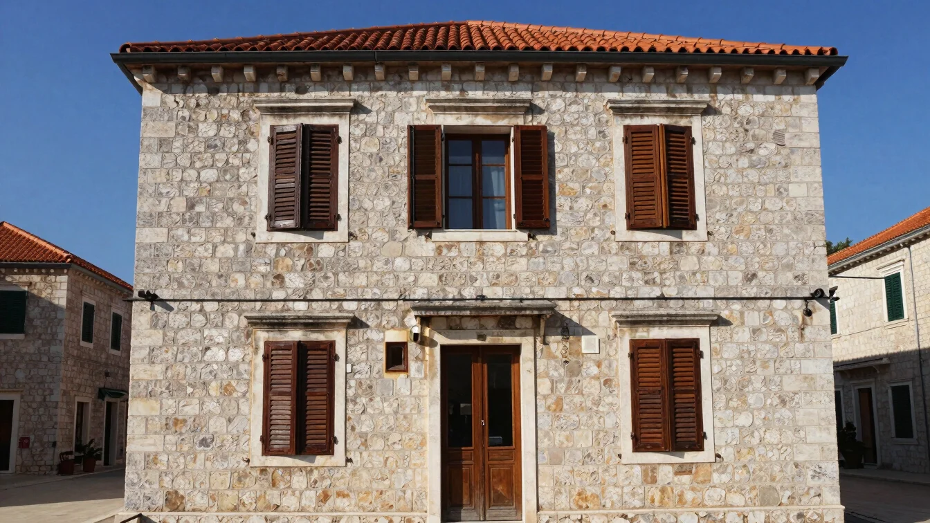 Stone two-story house with wooden shutters, a tiled roof, and a central wooden door