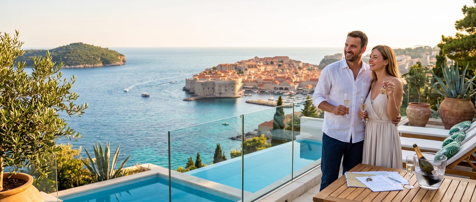 Couple toasting with champagne and holding house keys on a terrace overlooking Dubrovnik's old town and harbor, with signed property documents on the table
